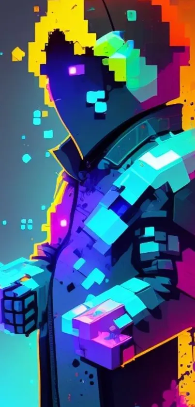 Vibrant pixel art of a hooded figure with colorful geometric shapes.