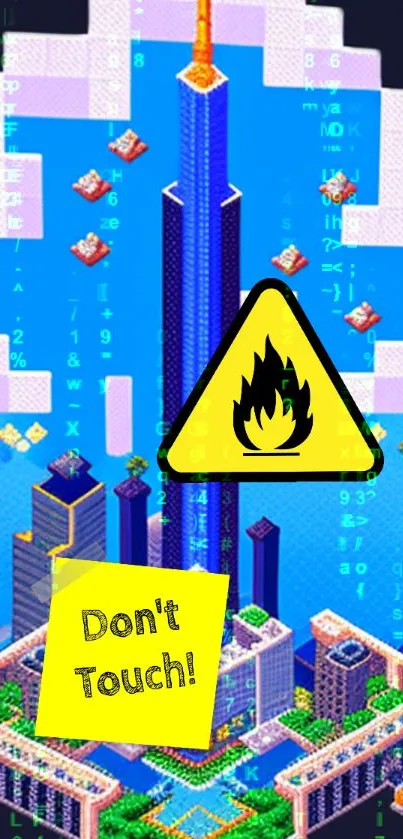 Vibrant pixel art cityscape with a warning sign.