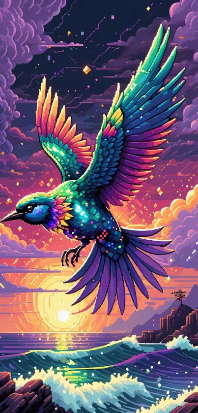 Colorful pixel art bird flying over sunset ocean.