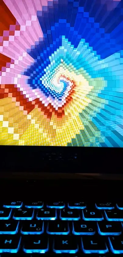 Colorful pixel spiral with geometric patterns on screen.