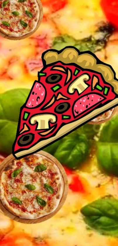 Cartoon pizza slices on a colorful background