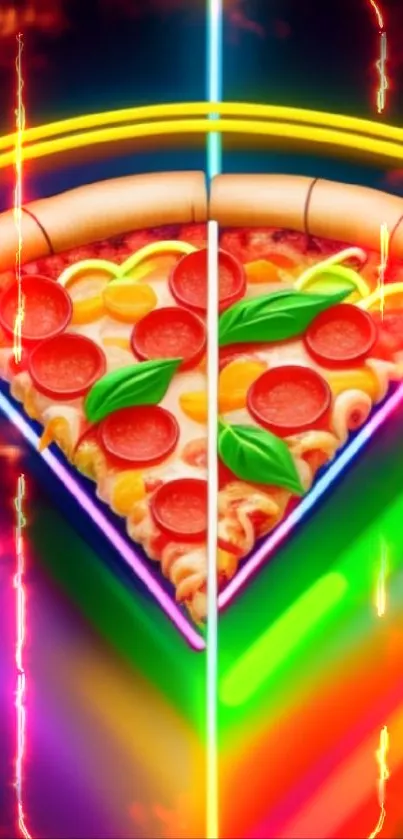 Vibrant pizza slice with colorful toppings and bright background.