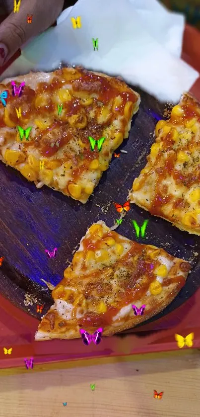 Colorful pizza slices with butterfly accents on a vibrant platter.