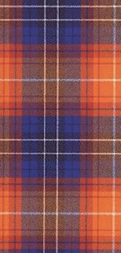 Vibrant plaid wallpaper with orange and blue pattern for mobile device.