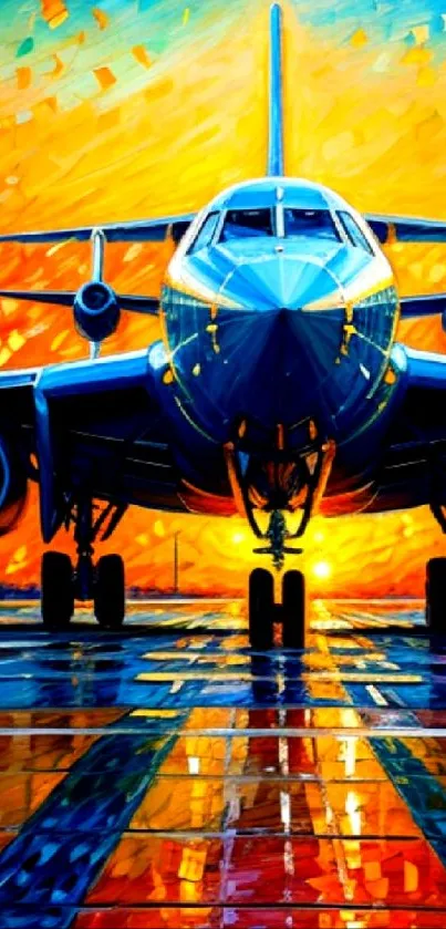 Colorful artistic painting of a plane at sunset.