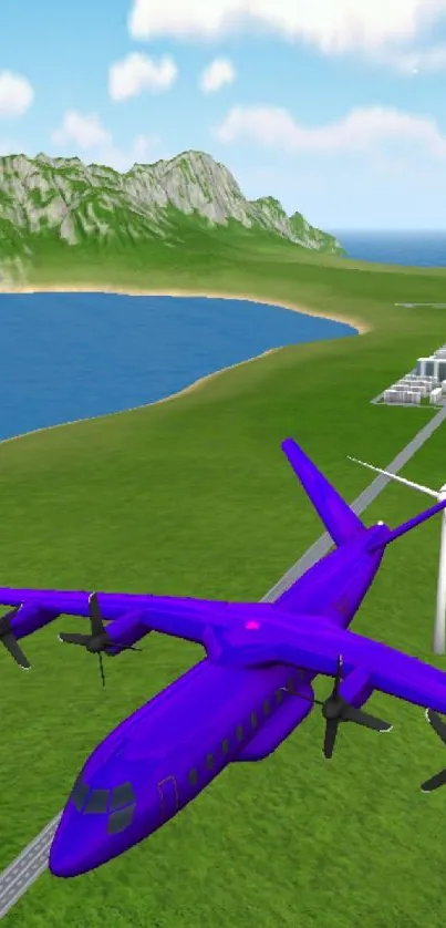 Purple plane flying over a green island and blue ocean.