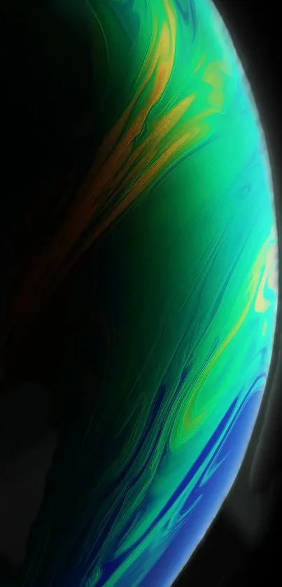 Vibrant green and blue planet abstract wallpaper with swirls on black background.