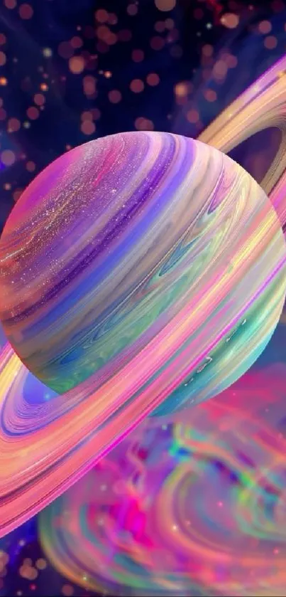 Vibrant cosmic Saturn with rings in colorful galaxy.