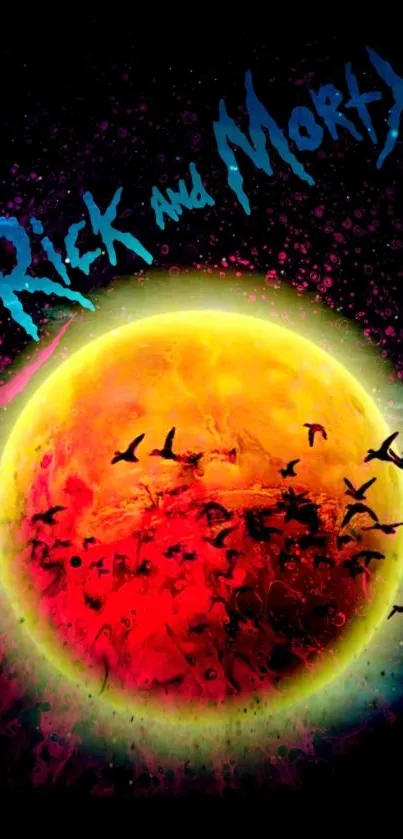 Vibrant animated planet with flying birds wallpaper.