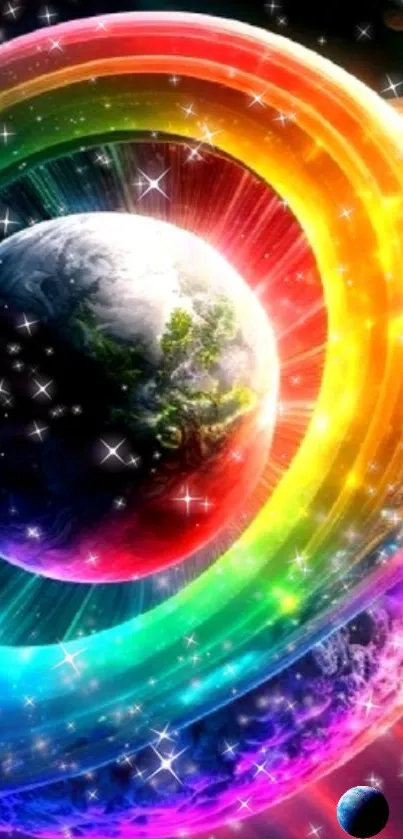 Colorful rainbow rings surrounding planet wallpaper.