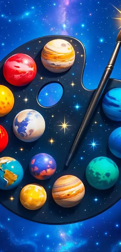 Artistic palette with colorful planets and a star-filled background.