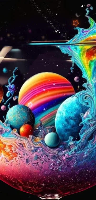 Colorful cosmic wallpaper with planets in a glass design.