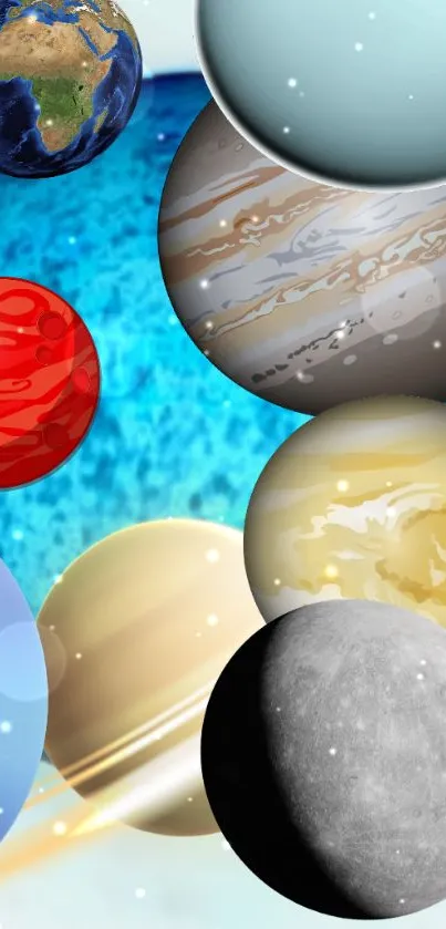 Vibrant wallpaper featuring colorful planets and cosmic elements.