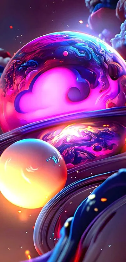 Colorful fantasy art wallpaper with swirling planets and dreamy clouds.