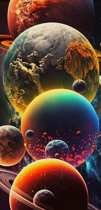 Colorful planets and cosmic scene mobile wallpaper.