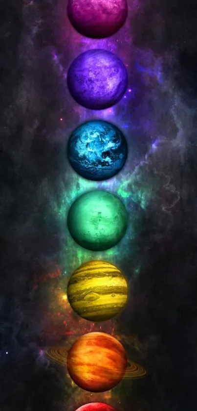 Colorful planets aligned in space forming a vivid cosmic mobile wallpaper.