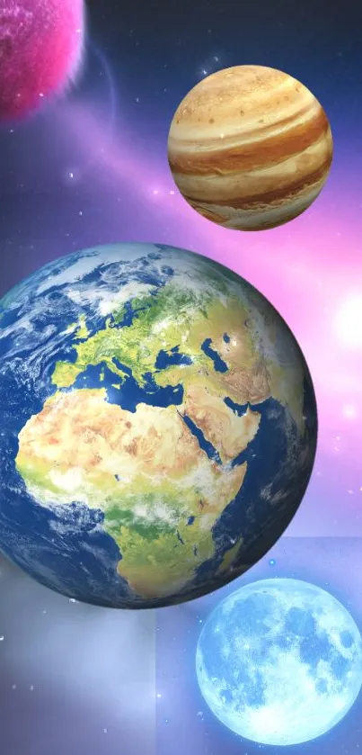 Vibrant cosmic wallpaper with planets and pink nebula backdrop.