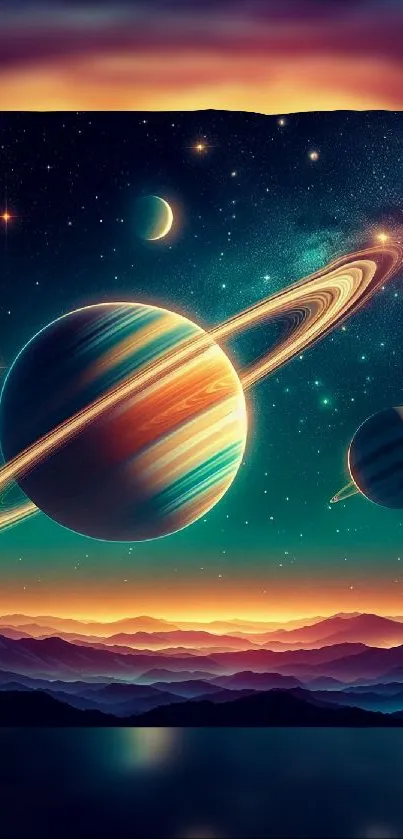 Surreal space art with vibrant planets under a starry sky.