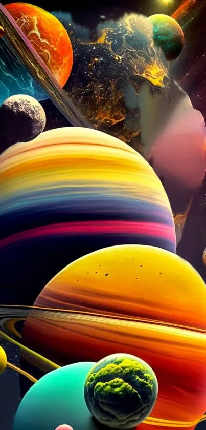 Colorful planetary mobile wallpaper with vibrant cosmic scenery.