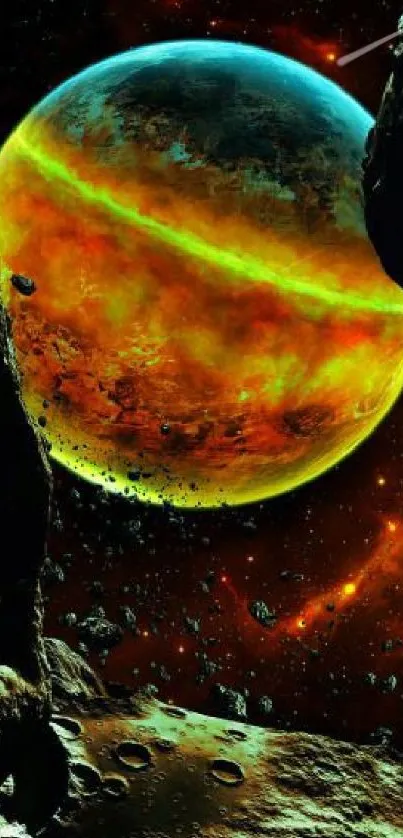 Vibrant cosmic wallpaper with orange planet and dark space.