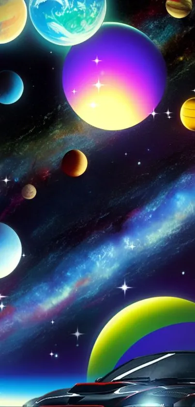 Vibrant space-themed wallpaper with colorful planets.