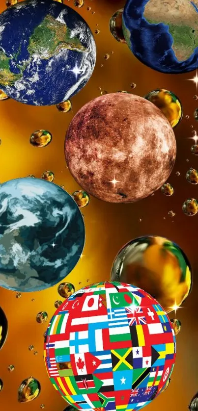 Vibrant planetary spheres on a cosmic mobile wallpaper.