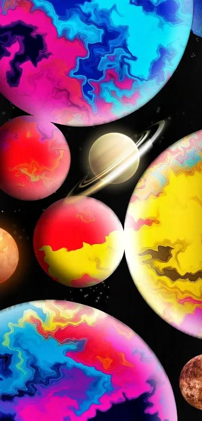 Colorful abstract planets on a black cosmic background.