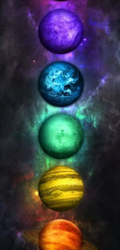 Colorful planets aligned against a cosmic backdrop.