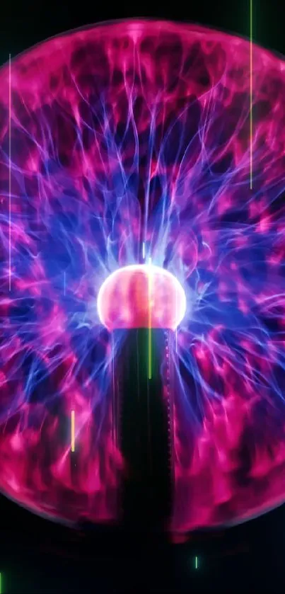 Vibrant pink and purple plasma ball with electric arcs on a black background.