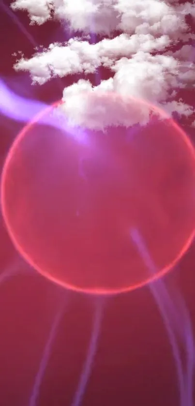 Vibrant wallpaper with plasma orb and clouds in red and purple hues.