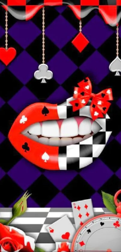 Dynamic card-themed wallpaper with red lips.