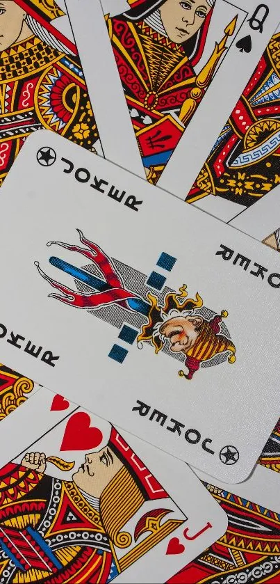 Vibrant design of playing cards with a joker prominently displayed.