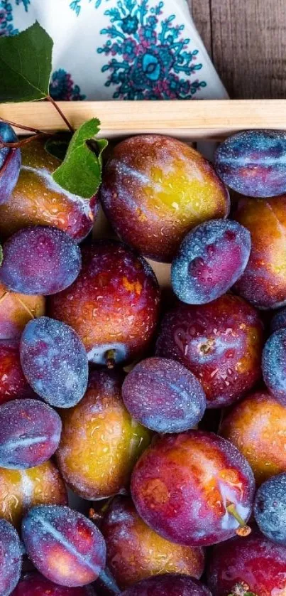 Vibrant plums in a rustic wooden crate, accented with leaves.