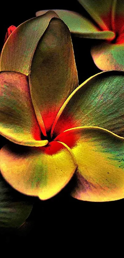 Vibrant plumeria flower with dark background, showcasing colorful petals.