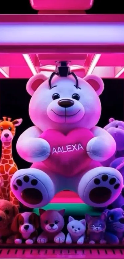 Colorful plush toys in a neon-lit claw machine.