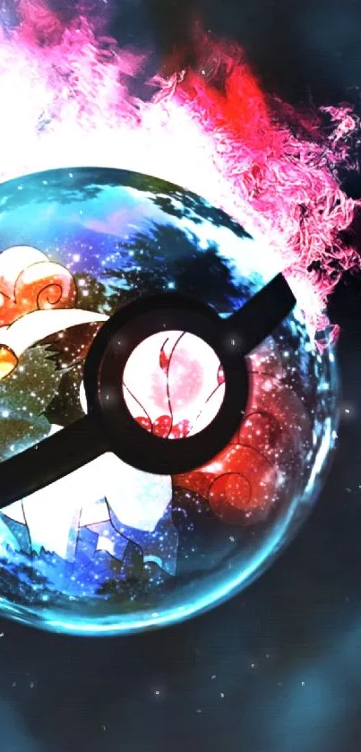 Colorful anime-themed sphere with vibrant flames.