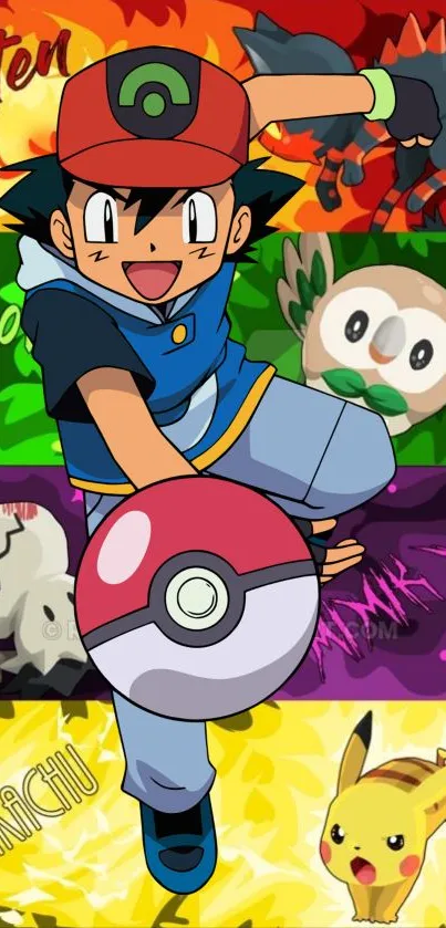 Vibrant Pokémon wallpaper featuring Ash and Pikachu with colorful design.