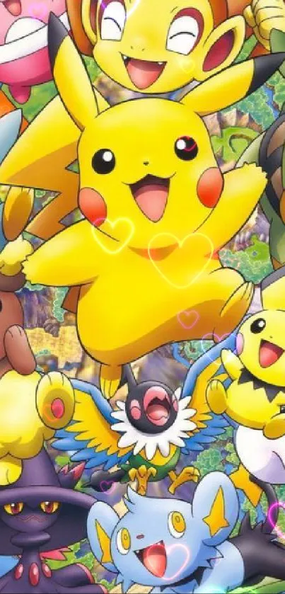 Lively Pokémon wallpaper with Pikachu and friends in vibrant colors.