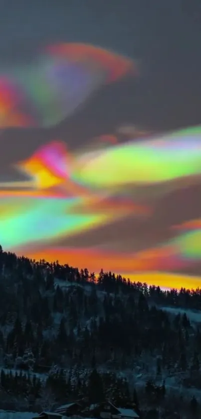 Colorful aurora over a winter forest.