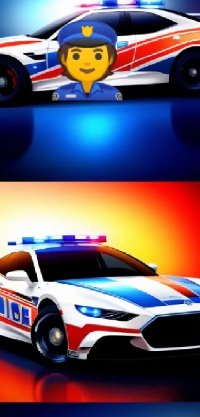 Vibrant police car with blue lights on a sleek design wallpaper.