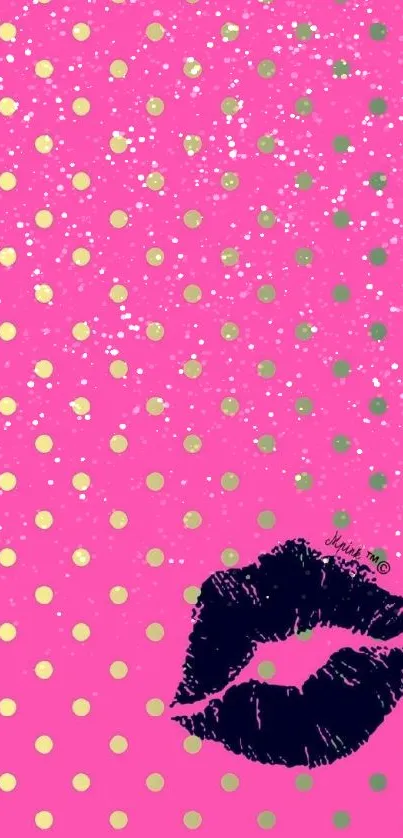 Vibrant pink polka dot wallpaper with bold kiss design.