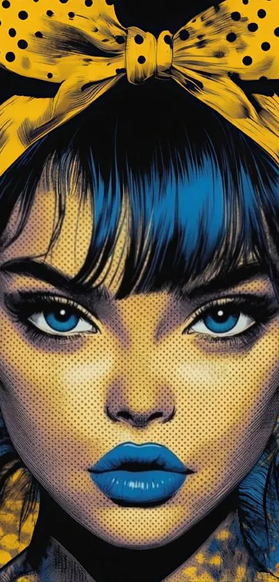Bold pop art portrait with blue and yellow tones.