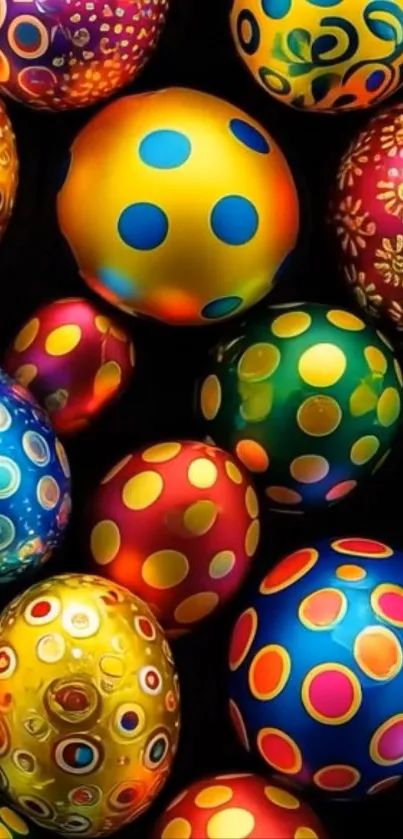 Colorful polka dot spheres with vibrant patterns on a black background.