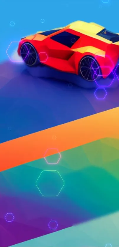 Polygonal sports car on a vibrant geometric background.