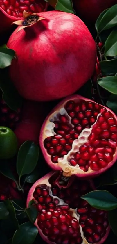Vibrant close-up of pomegranates with green leaves as wallpaper background.