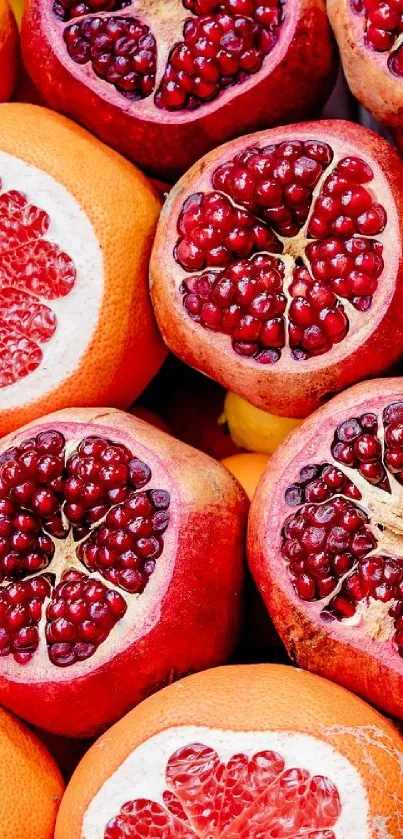 Fresh pomegranate and citrus slices in vibrant, colorful display.