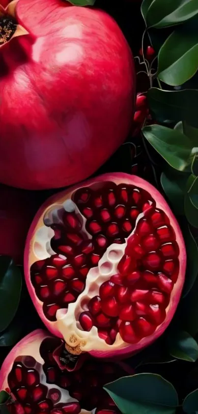 Bright pomegranate with leaves wallpaper.