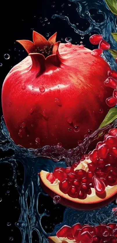 Vibrant pomegranate with water splash on wallpaper.