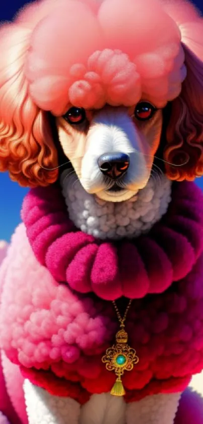 A vibrant poodle in fluffy pink attire against a dreamy sky.