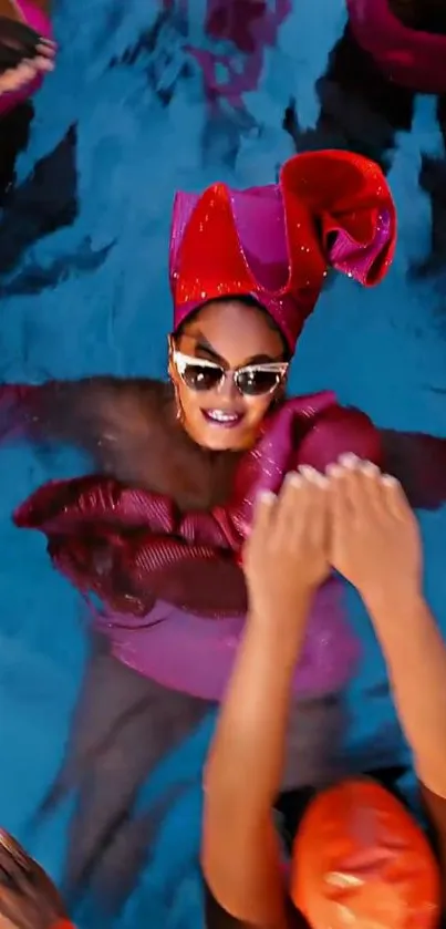 Woman in vibrant attire swimming pool background